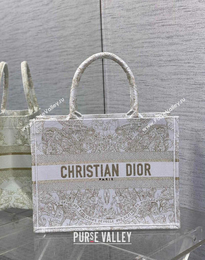 Dior Medium Book Tote Bag in Gold-Tone and White Butterfly Around The World Embroidery 2023 (BF-231129063)