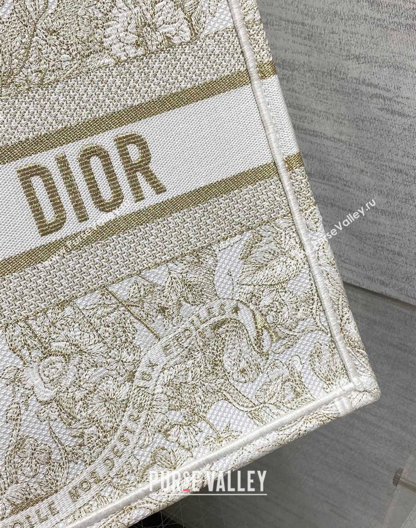 Dior Medium Book Tote Bag in Gold-Tone and White Butterfly Around The World Embroidery 2023 (BF-231129063)