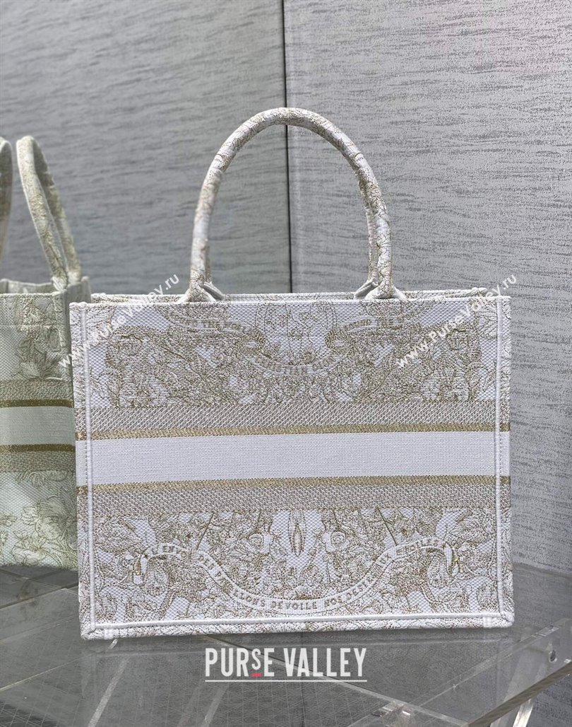 Dior Medium Book Tote Bag in Gold-Tone and White Butterfly Around The World Embroidery 2023 (BF-231129063)