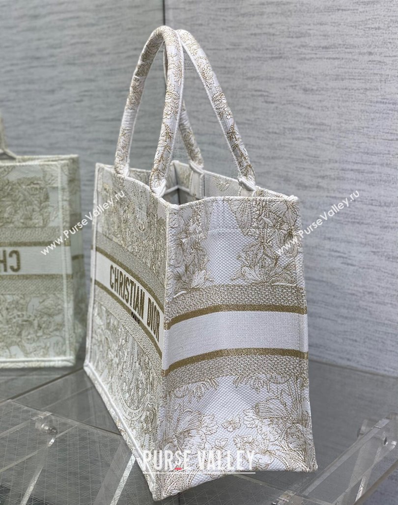 Dior Medium Book Tote Bag in Gold-Tone and White Butterfly Around The World Embroidery 2023 (BF-231129063)