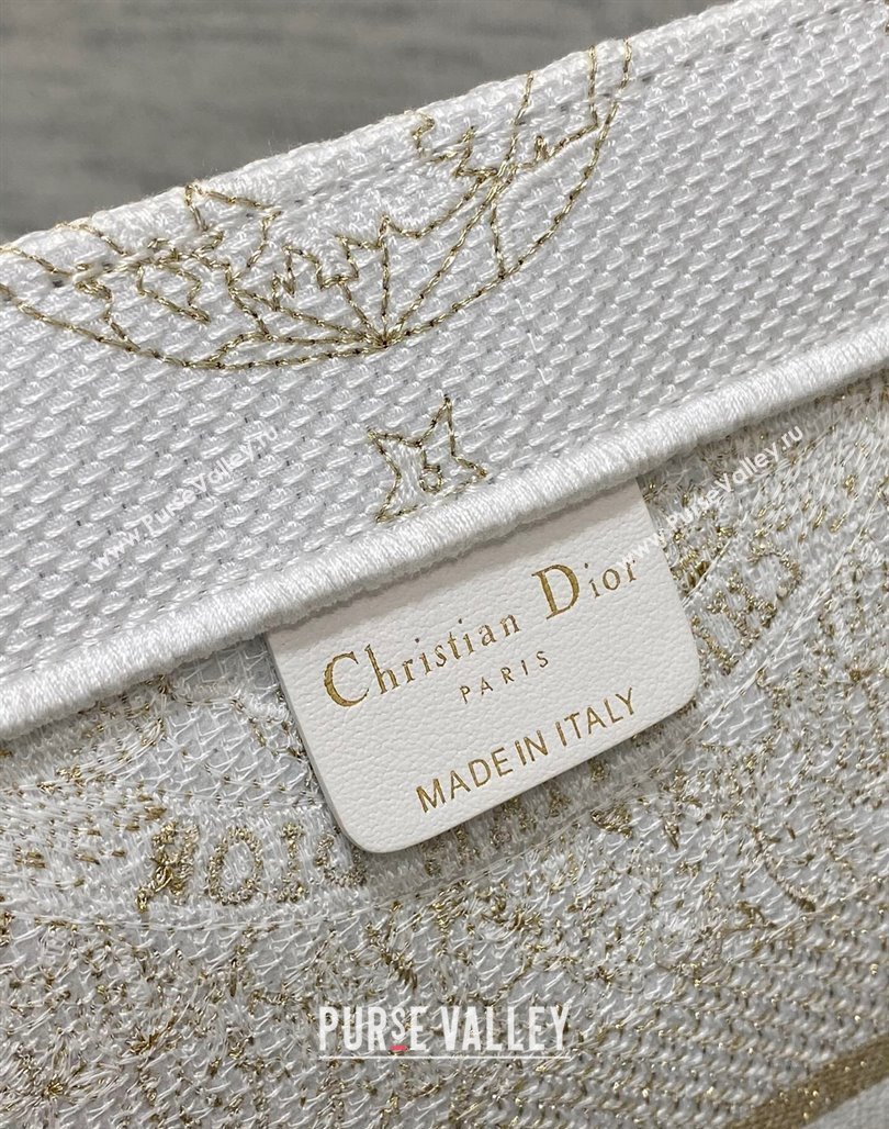 Dior Medium Book Tote Bag in Gold-Tone and White Butterfly Around The World Embroidery 2023 (BF-231129063)