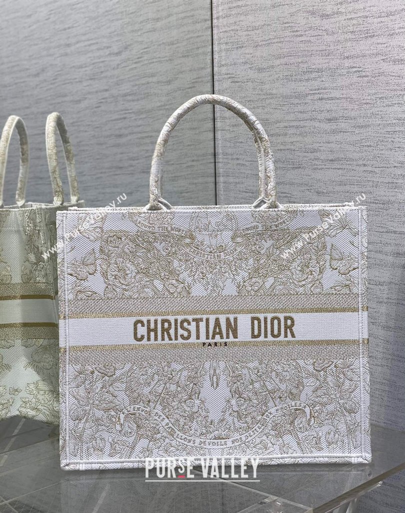 Dior Large Book Tote Bag in Gold-Tone and White Butterfly Around The World Embroidery 2023 (XXG-231129062)