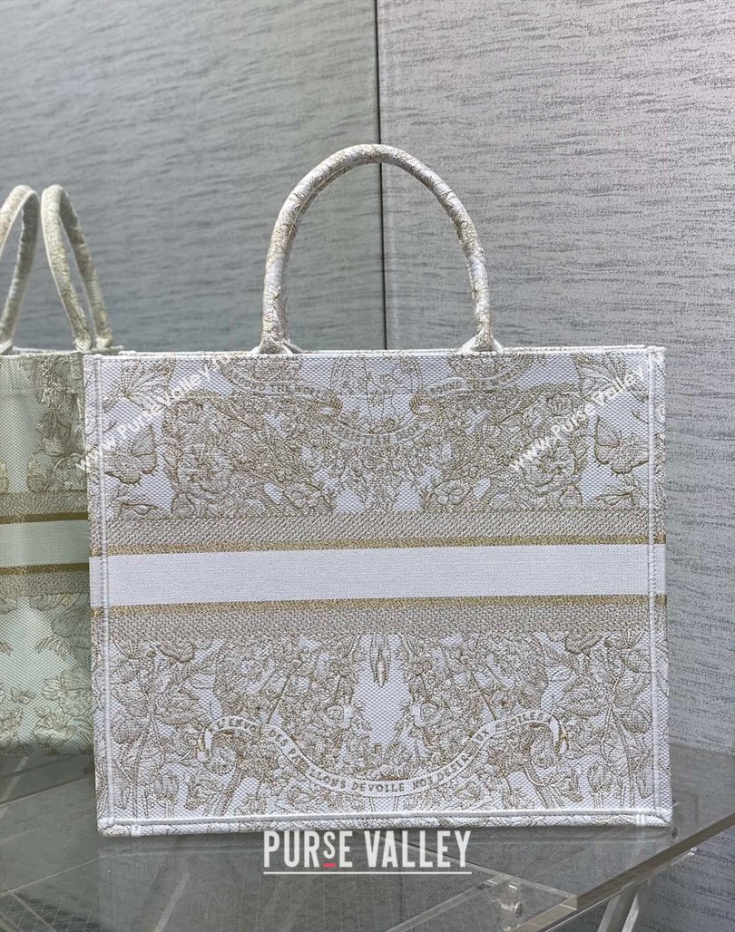 Dior Large Book Tote Bag in Gold-Tone and White Butterfly Around The World Embroidery 2023 (XXG-231129062)