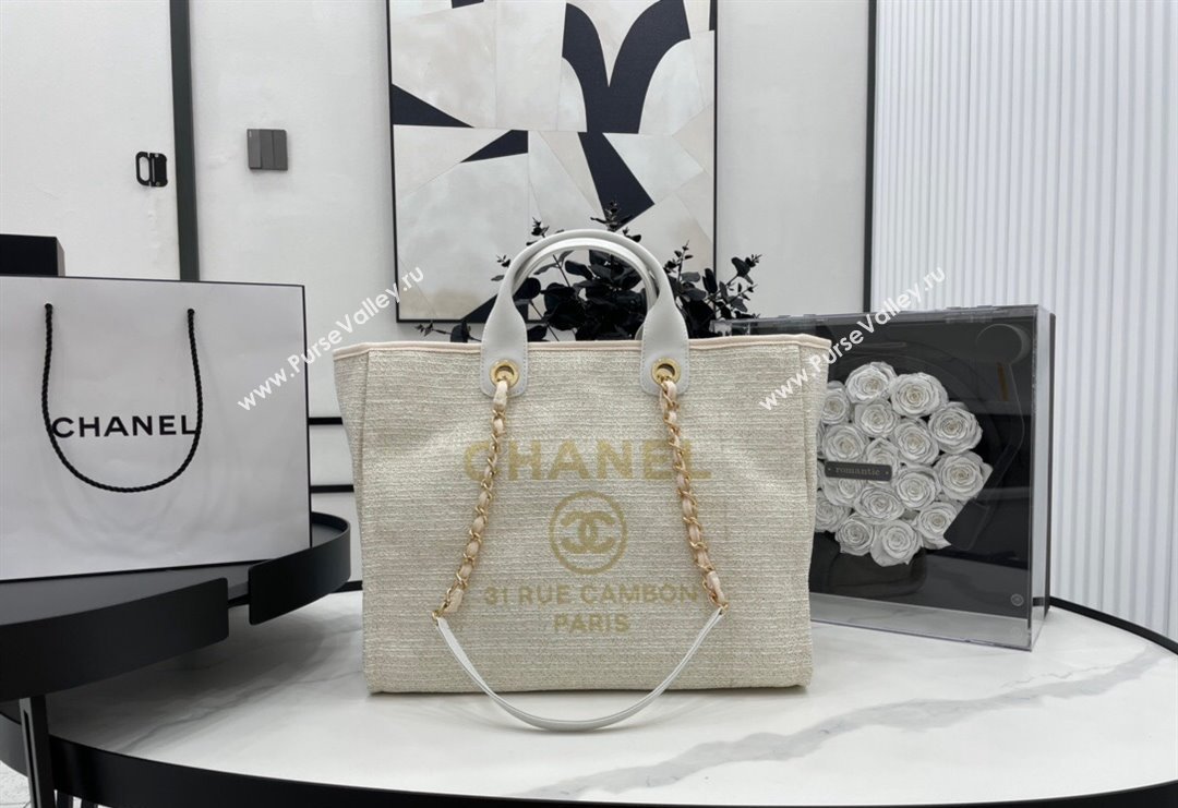 Chanel Deauville Mixed Fibers Large Shopping Bag White/Gold 2023 A66941 (yezi-231127063)