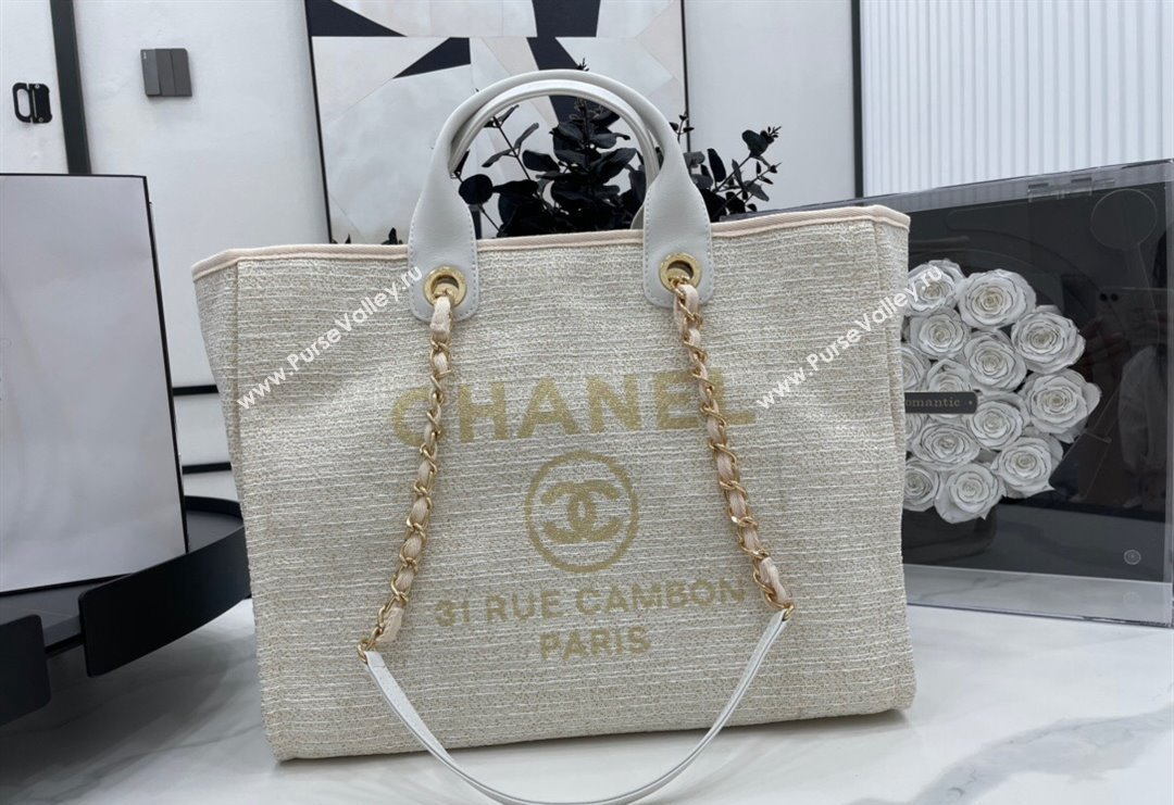 Chanel Deauville Mixed Fibers Large Shopping Bag White/Gold 2023 A66941 (yezi-231127063)