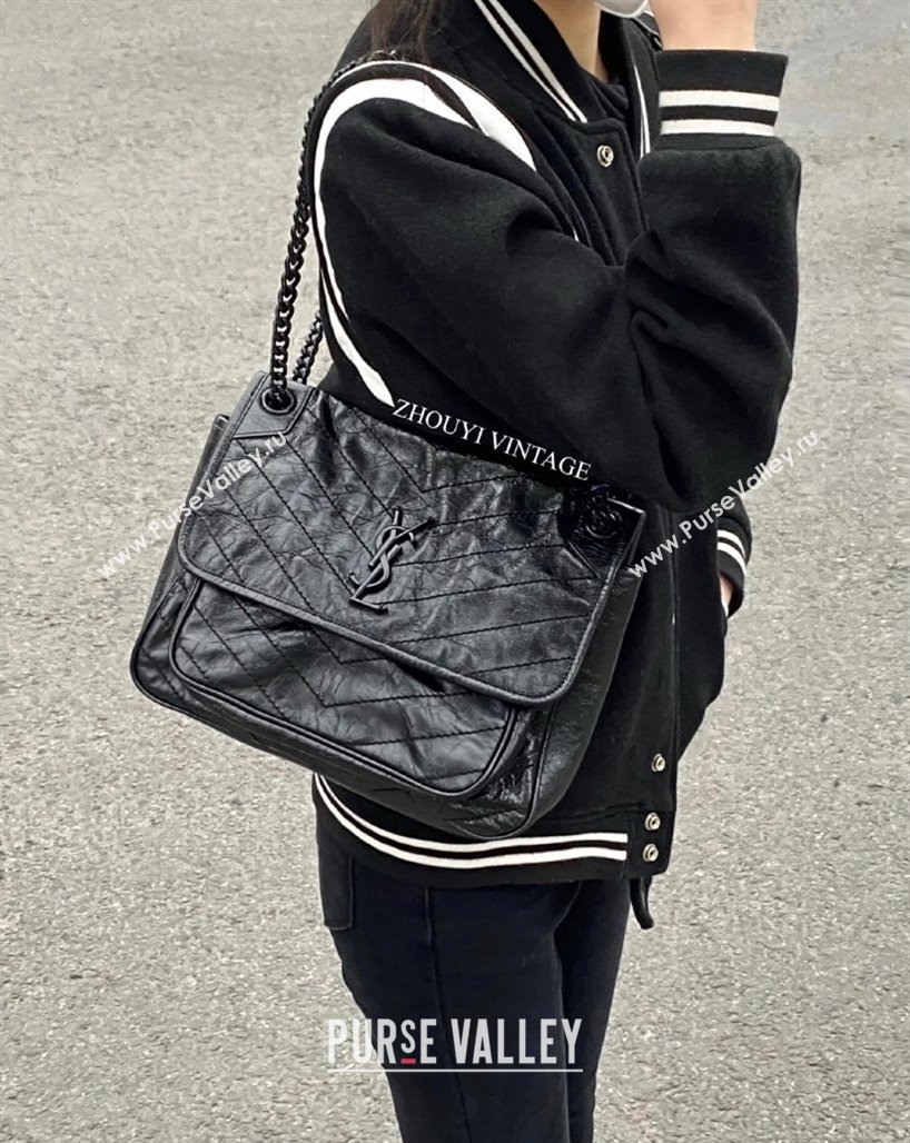 Saint Laurent Niki Medium Chain bag in Crinkled Lambskin 633158 All Black 2023 (nana-231129040)