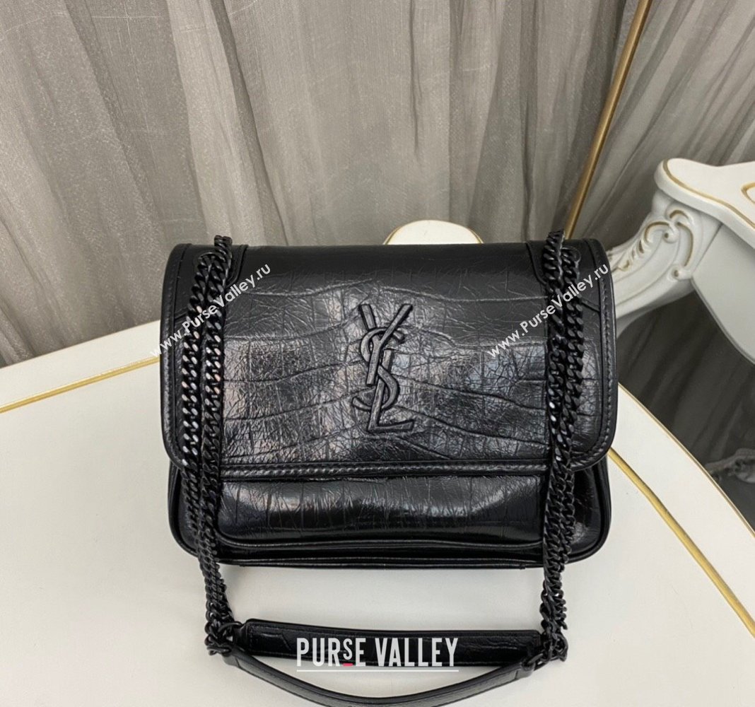 Saint Laurent Niki Baby in Crocodile Embossed Leather 633151 All Black 2023 (nana-231129041)