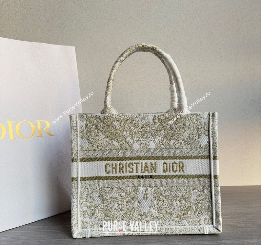 Dior Small Book Tote Bag in Gold-Tone and White Butterfly Around The World Embroidery 2023 (BF-231129064)