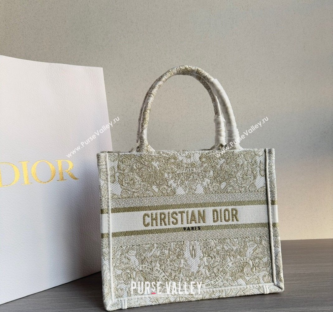 Dior Small Book Tote Bag in Gold-Tone and White Butterfly Around The World Embroidery 2023 (BF-231129064)