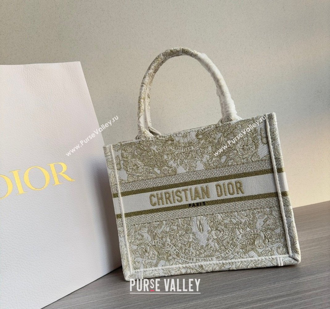 Dior Small Book Tote Bag in Gold-Tone and White Butterfly Around The World Embroidery 2023 (BF-231129064)