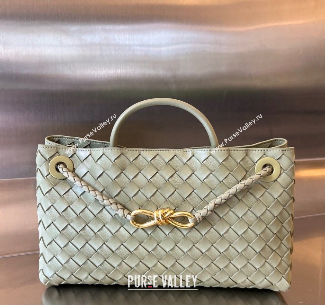 Bottega Veneta Small East/West Andiamo Top Handle Bag in Intrecciato Leather 754990 Travetine Green 2023 (WT-231130036)