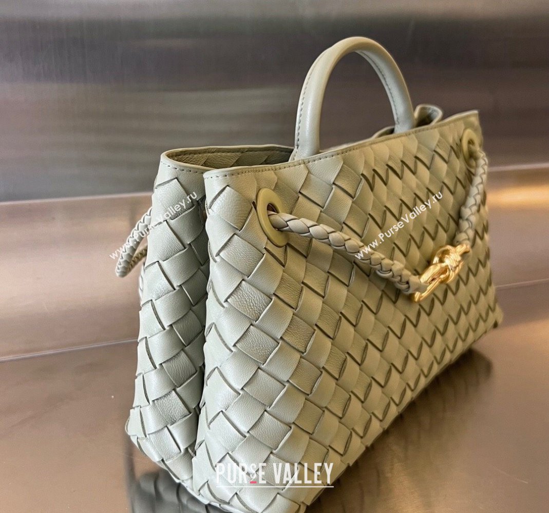 Bottega Veneta Small East/West Andiamo Top Handle Bag in Intrecciato Leather 754990 Travetine Green 2023 (WT-231130036)