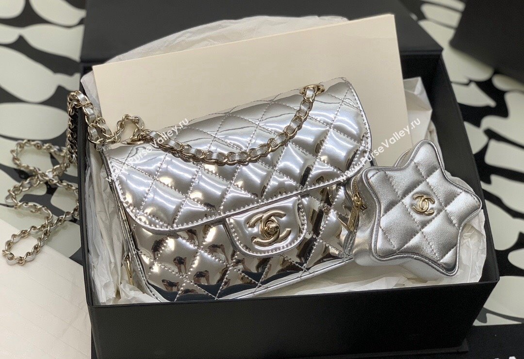 Chanel Mirror Calfskin Mini Flap Bag Star Coin Purse AS4646 Silver 2023 (yezi-231127012)