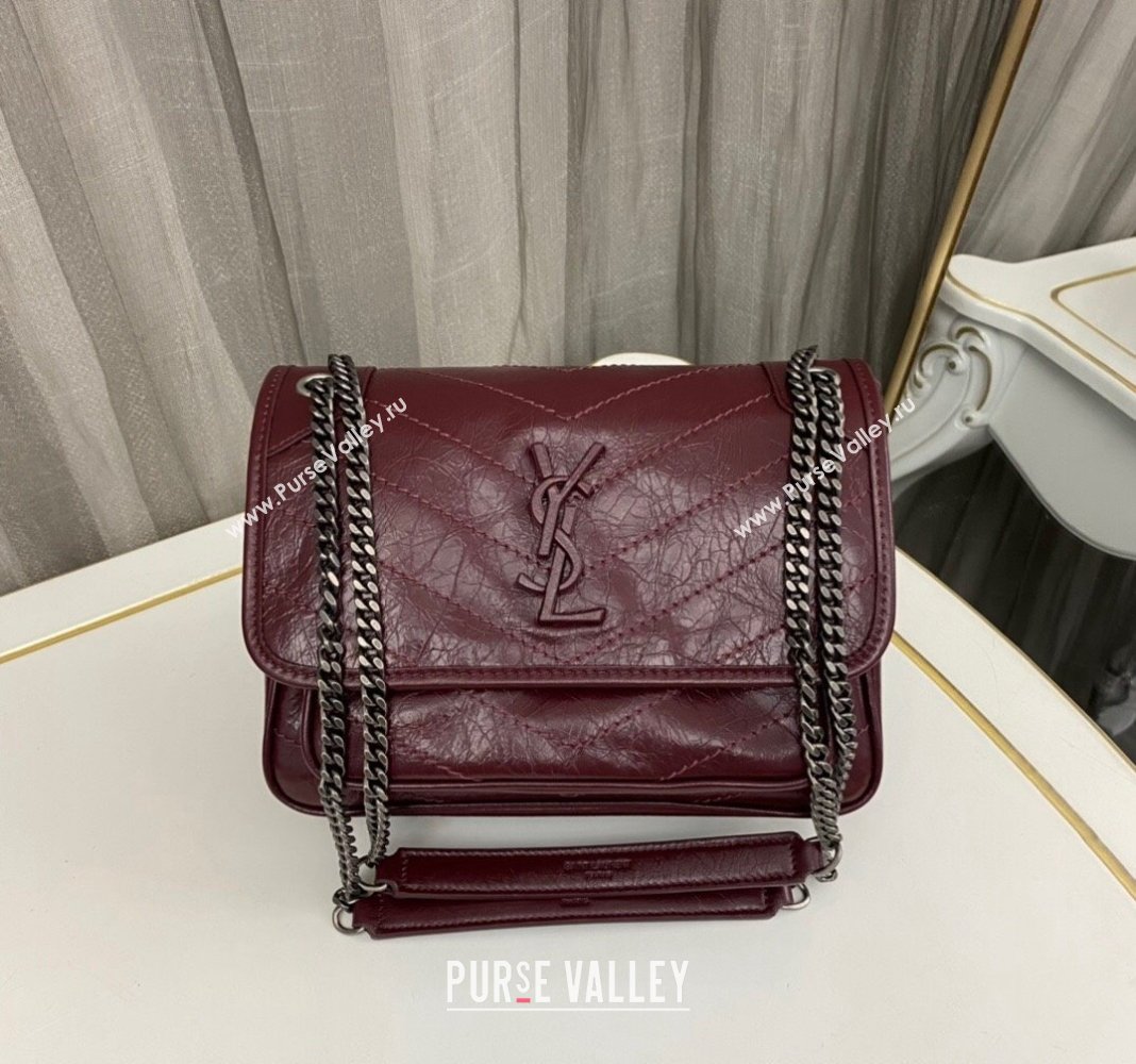 Saint Laurent Niki Baby Chain bag in Crinkled Lambskin 633160 Burgundy 2023 (nana-231129018)