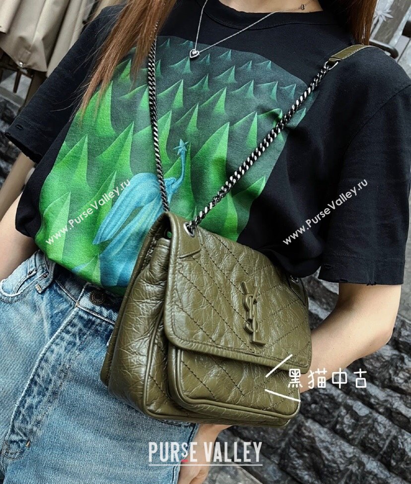 Saint Laurent Niki Baby Chain bag in Crinkled Lambskin 633160 Olive Green 2023 (nana-231129021)