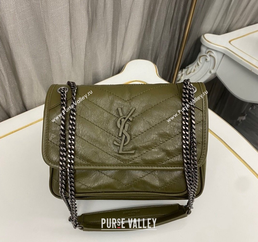 Saint Laurent Niki Baby Chain bag in Crinkled Lambskin 633160 Olive Green 2023 (nana-231129021)