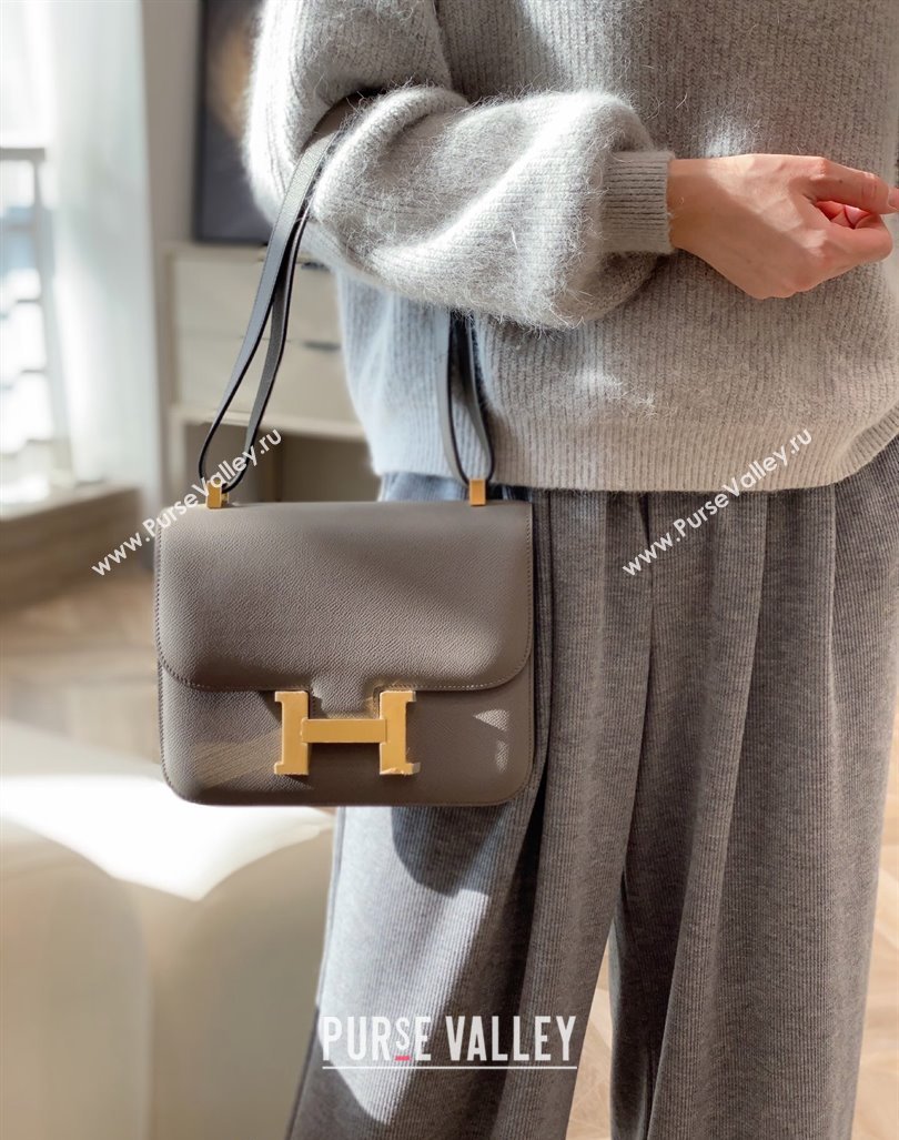 Hermes Constance Bag 23cm in Epsom Leather with Mirror Etain/Grey/Gold 2023 NEW ( Half Handmade) (FL-231209065)