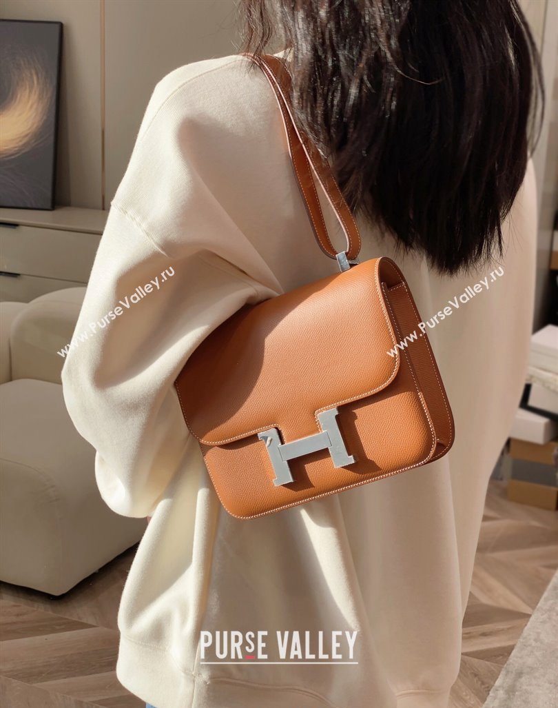 Hermes Constance Bag 23cm in Epsom Leather with Mirror Brown/Silver 2023 NEW ( Half Handmade) (FL-231209066)