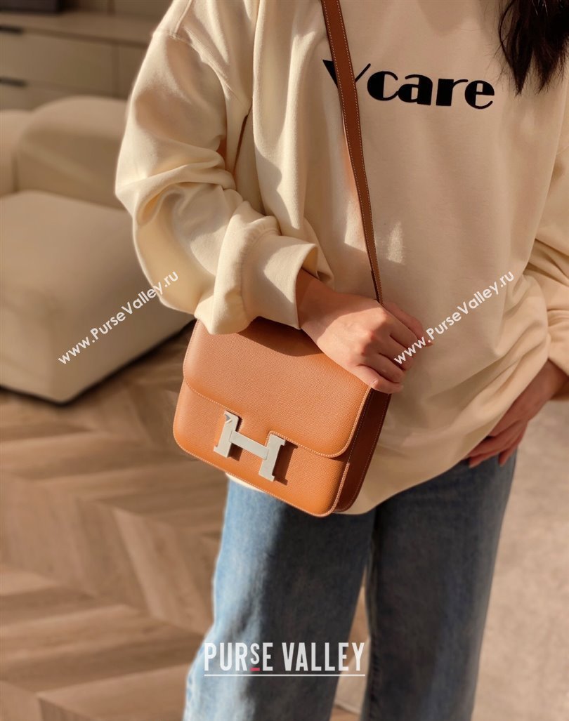 Hermes Constance Bag 23cm in Epsom Leather with Mirror Brown/Silver 2023 NEW ( Half Handmade) (FL-231209066)