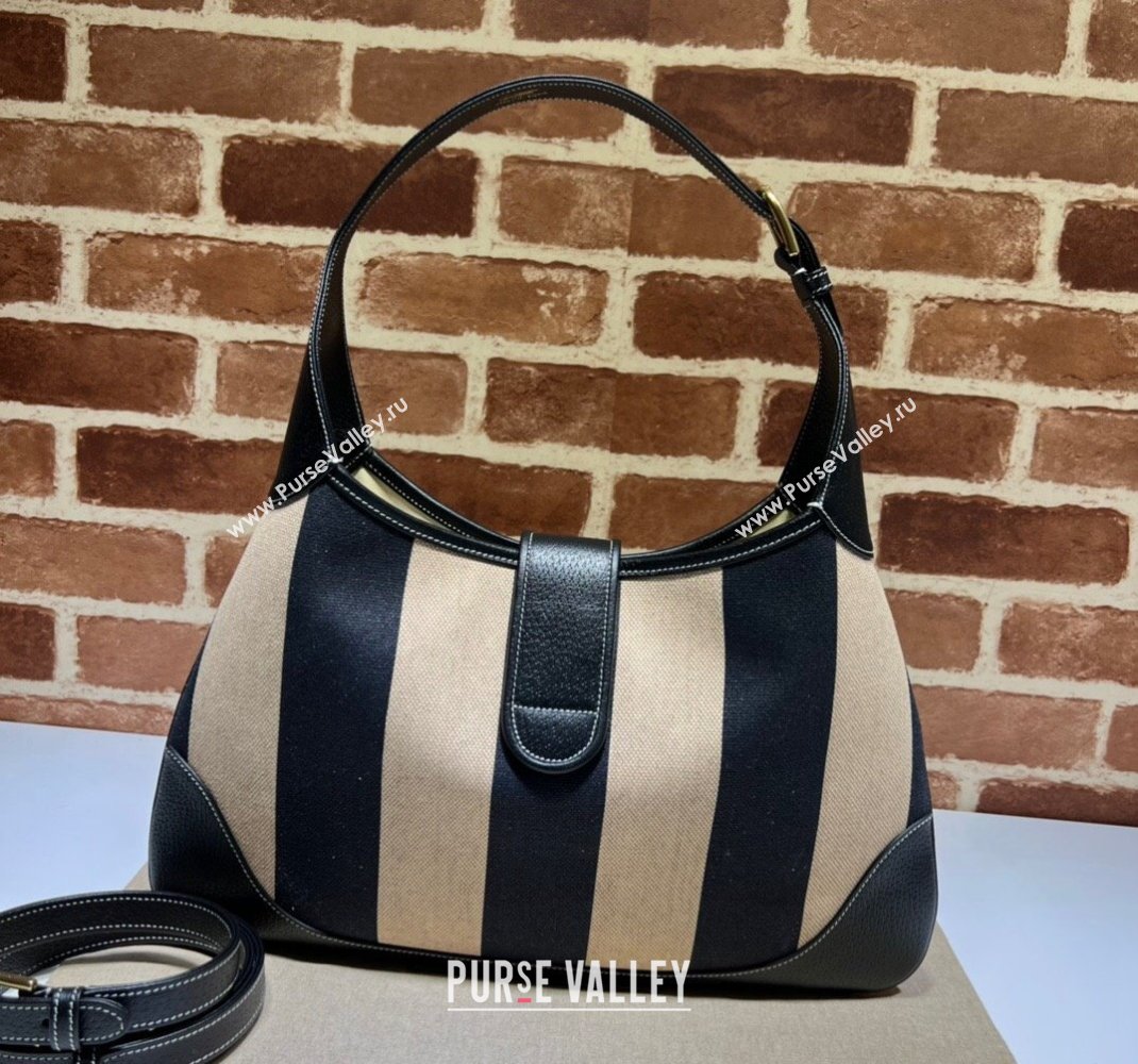 Gucci Aphrodite Medium Shoulder Bag in Striped Canvas and Leather 726274 Black/Beige 2023 (DLH-231209030)