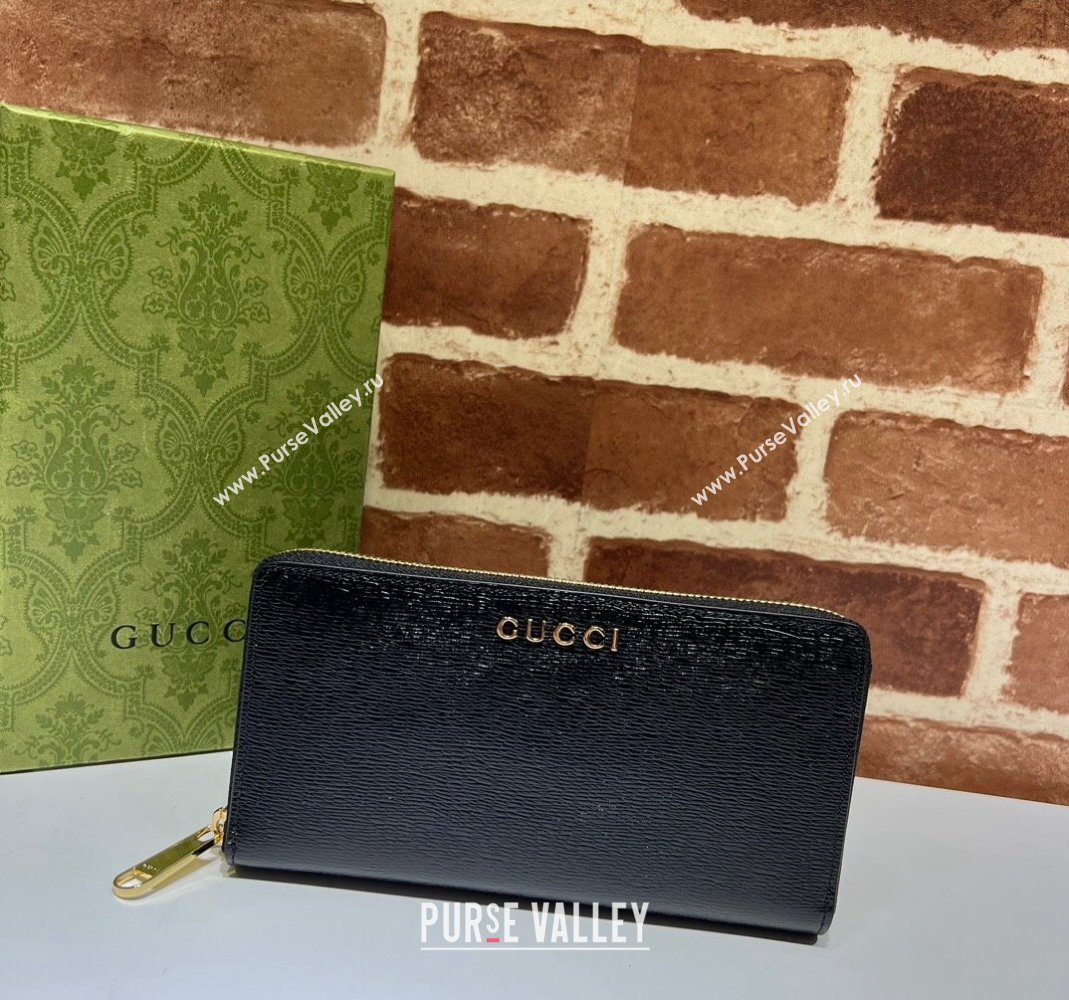 Gucci Leather Zip Around Wallet with Gucci script 772642 Black 2023 (DLH-231209001)