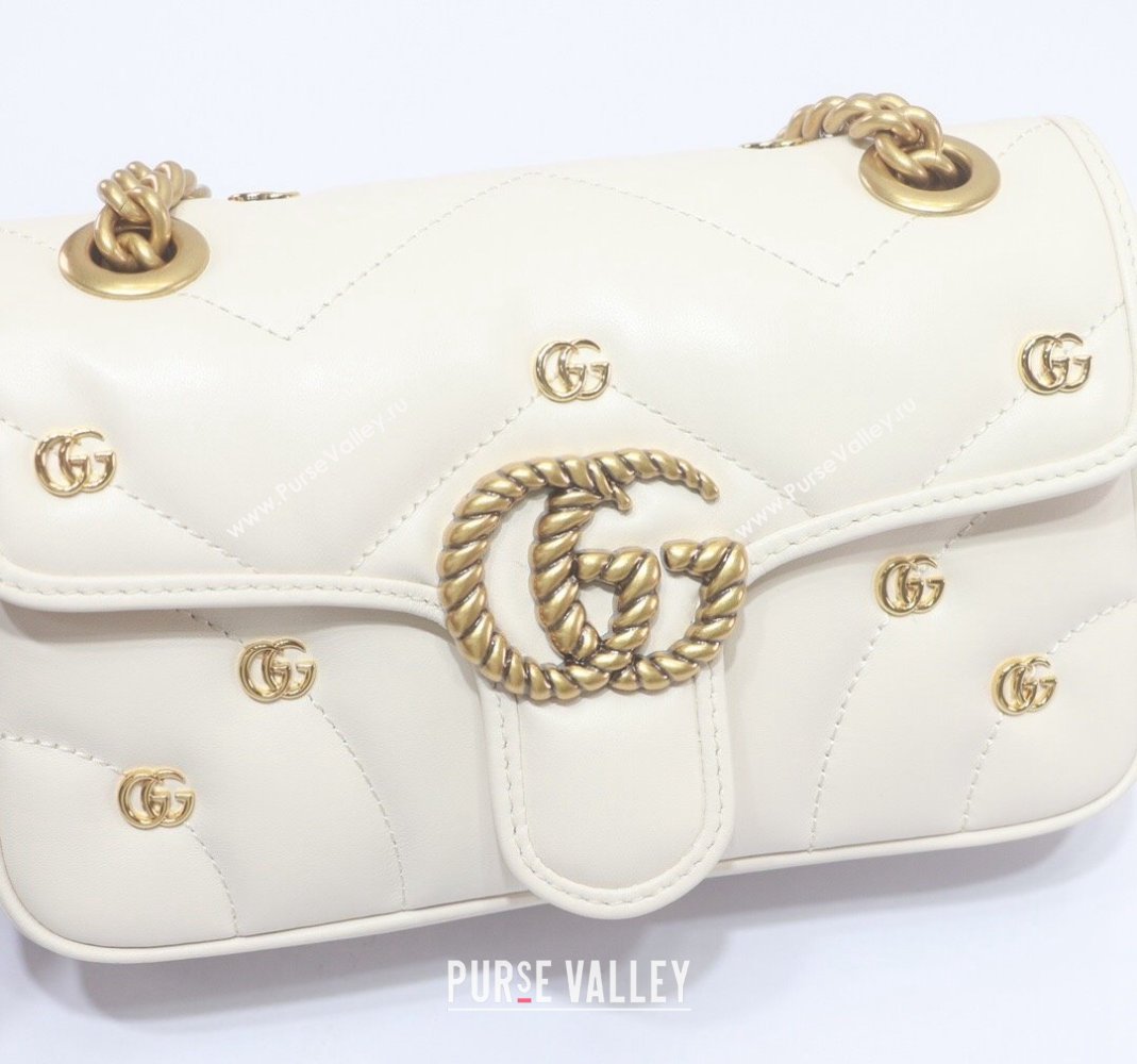 Gucci GG Marmont Leather Mini Shoulder Bag with GG Studs ‎446744 White 2023 (DLH-231209009)