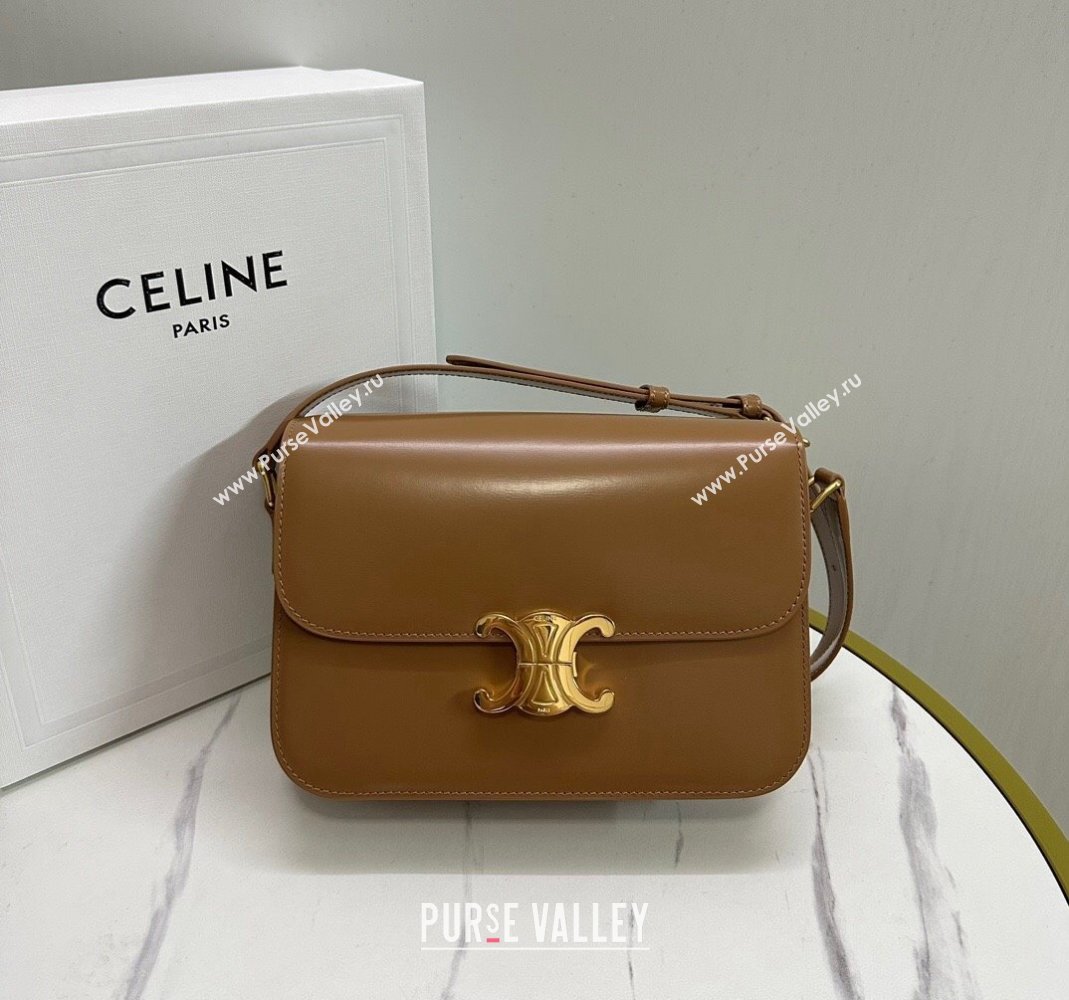 Celine Medium Classique Triomphe Shoulder Bag in Shiny Calfskin Bronze Brown 2023 187363 (HF-231209077)