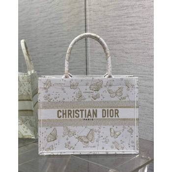 Dior Medium Book Tote Bag in Gold-Tone and White Butterfly Zodiac Embroidery 2023 (BF-231211005)