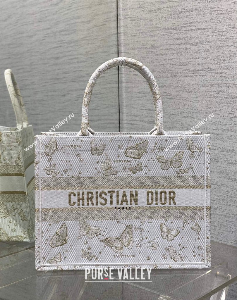 Dior Medium Book Tote Bag in Gold-Tone and White Butterfly Zodiac Embroidery 2023 (BF-231211005)