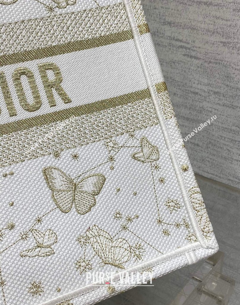 Dior Medium Book Tote Bag in Gold-Tone and White Butterfly Zodiac Embroidery 2023 (BF-231211005)