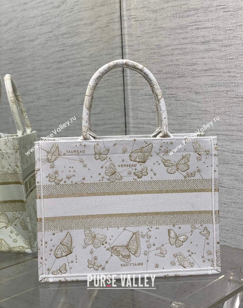 Dior Medium Book Tote Bag in Gold-Tone and White Butterfly Zodiac Embroidery 2023 (BF-231211005)