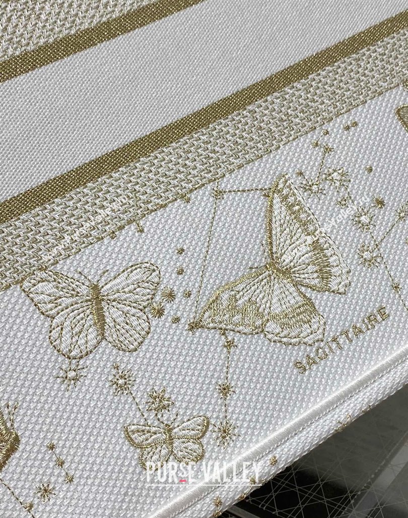 Dior Medium Book Tote Bag in Gold-Tone and White Butterfly Zodiac Embroidery 2023 (BF-231211005)