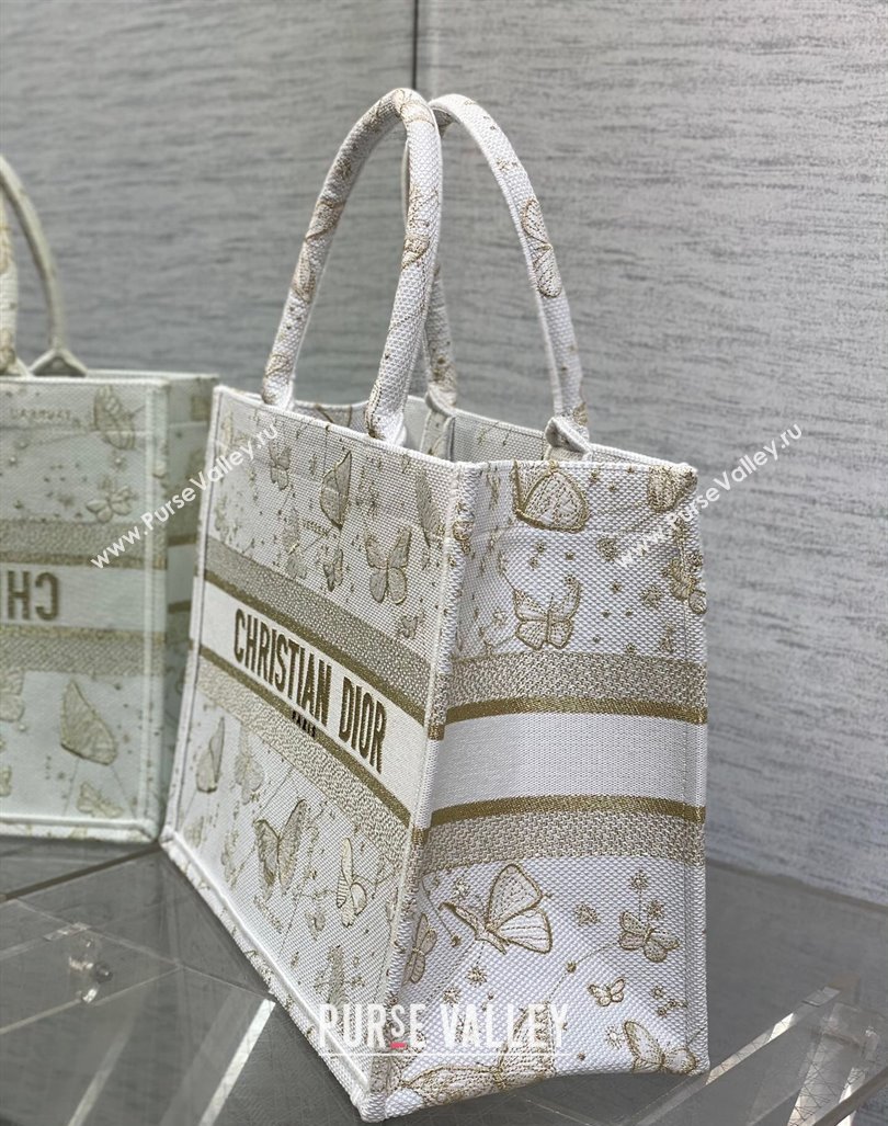 Dior Medium Book Tote Bag in Gold-Tone and White Butterfly Zodiac Embroidery 2023 (BF-231211005)