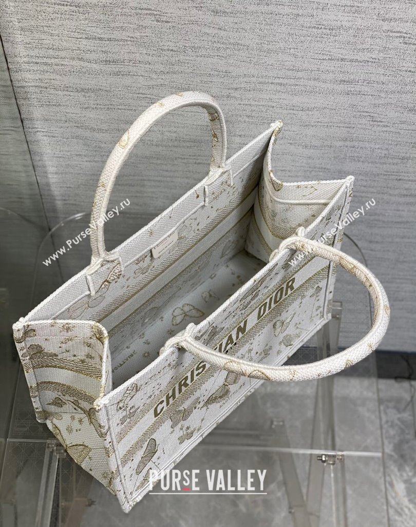 Dior Medium Book Tote Bag in Gold-Tone and White Butterfly Zodiac Embroidery 2023 (BF-231211005)