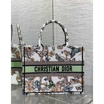 Dior Medium Book Tote Bag in White and Green Toile de Jouy Mexico Embroidery 2023 (BF-231211007)
