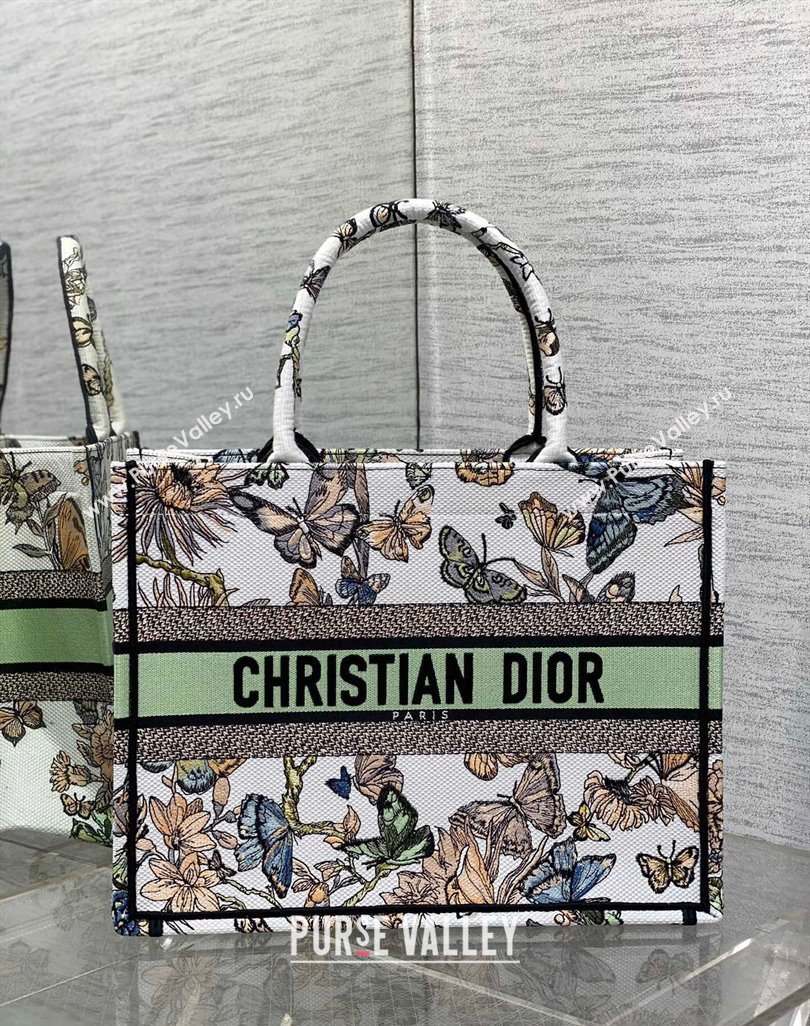 Dior Medium Book Tote Bag in White and Green Toile de Jouy Mexico Embroidery 2023 (BF-231211007)