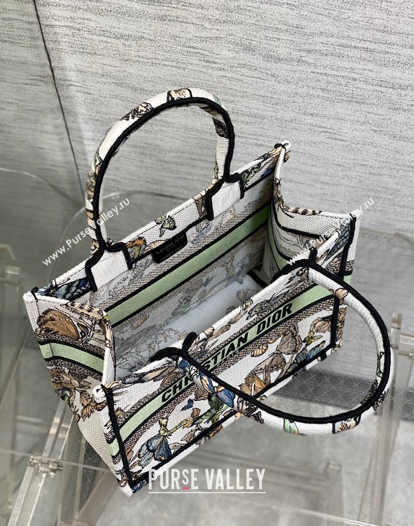 Dior Small Book Tote Bag in White and Green Toile de Jouy Mexico Embroidery 2023 (BF-231211008)