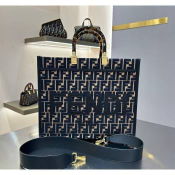 Fendi Sunshine Medium Tote Bag in Raffia Straw with Black tapestry fabric FF motif 2023 (AF-231211015)