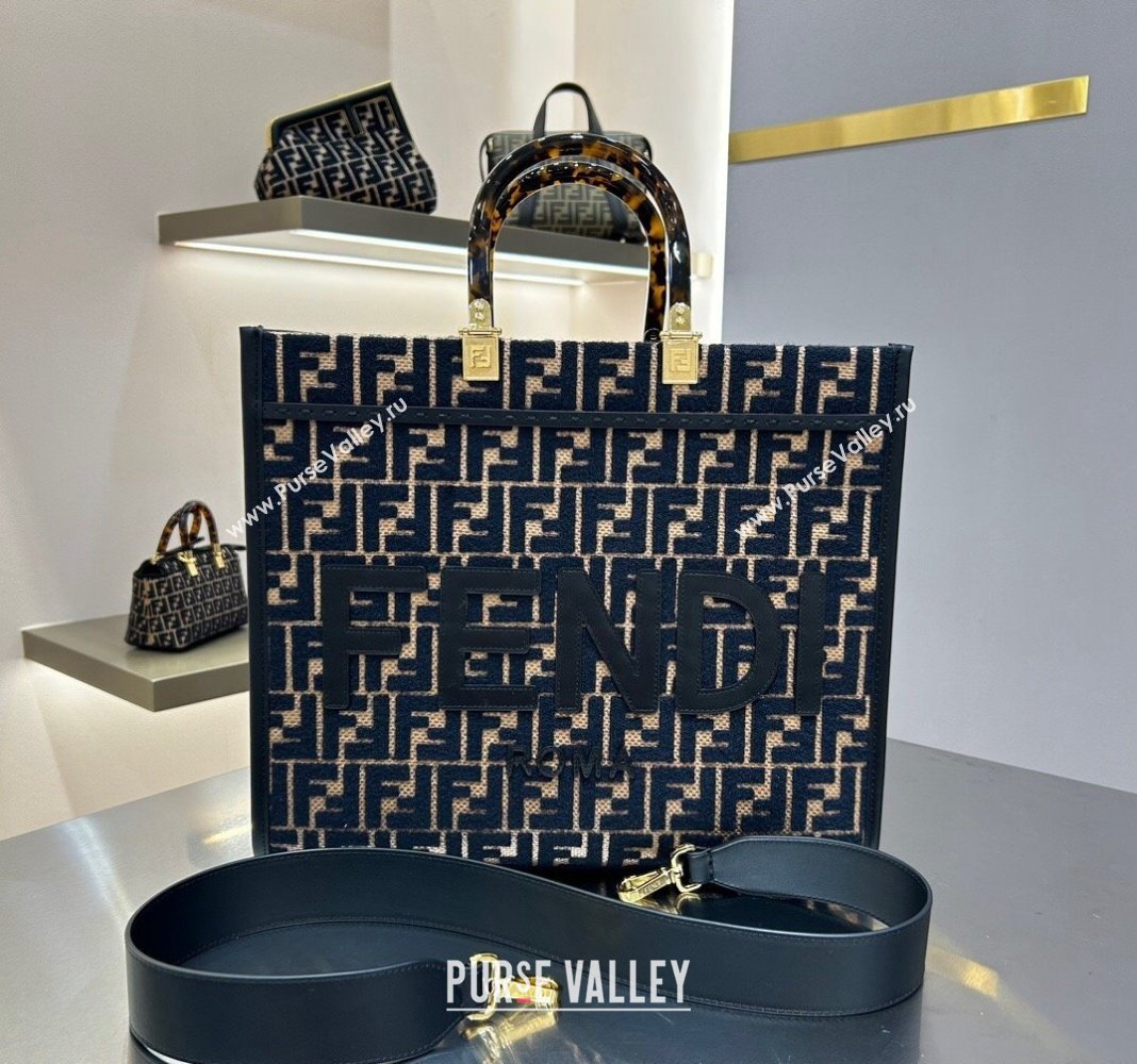 Fendi Sunshine Medium Tote Bag in Raffia Straw with Black tapestry fabric FF motif 2023 (AF-231211015)