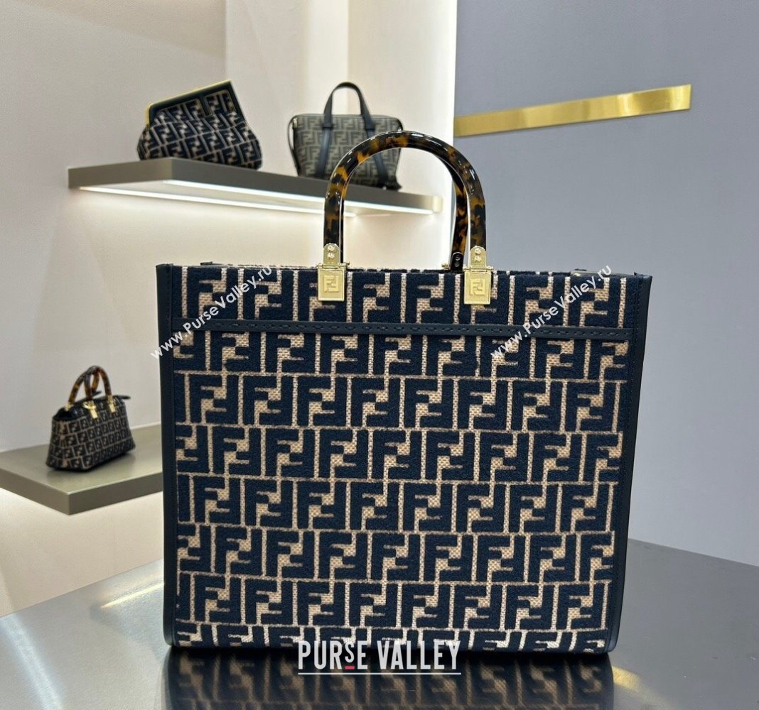 Fendi Sunshine Medium Tote Bag in Raffia Straw with Black tapestry fabric FF motif 2023 (AF-231211015)