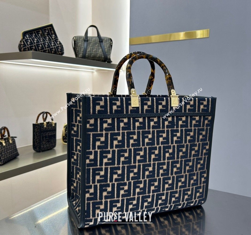 Fendi Sunshine Medium Tote Bag in Raffia Straw with Black tapestry fabric FF motif 2023 (AF-231211015)