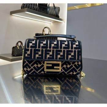 Fendi Baguette Chain Midi Bag in Raffia Straw with Black tapestry fabric FF motif 2023 (AF-231211016)