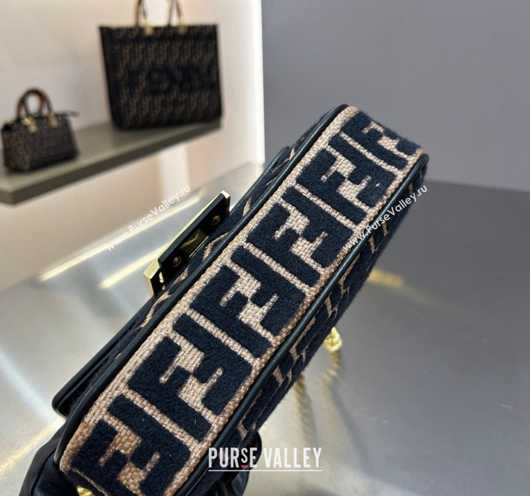 Fendi Baguette Chain Midi Bag in Raffia Straw with Black tapestry fabric FF motif 2023 (AF-231211016)