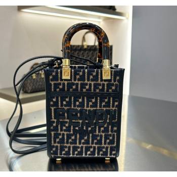Fendi Mini Medium Tote Bag in Raffia Straw with Black tapestry fabric FF motif 2023 (AF-231211017)
