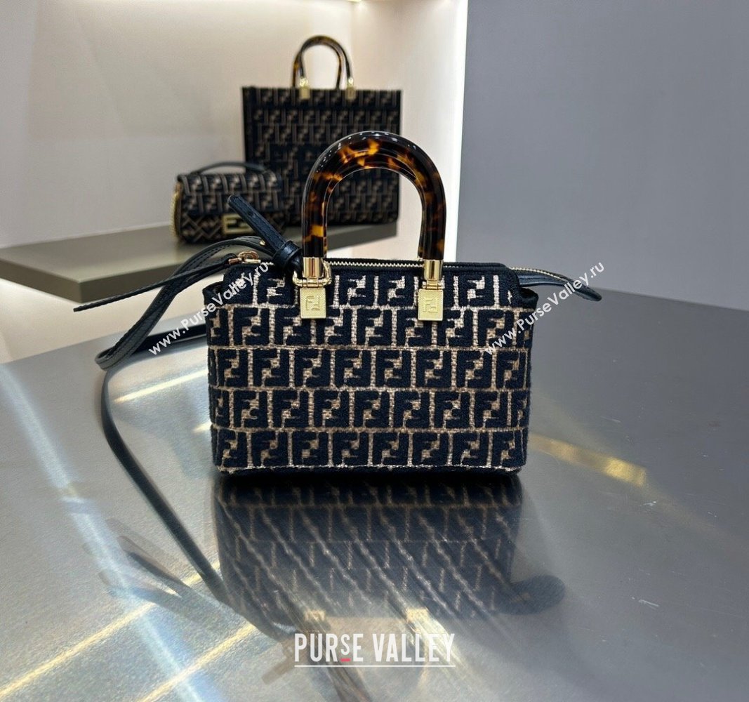 Fendi By The Way Mini Boston Bag in Raffia Straw with Black tapestry fabric FF motif 2023 (AF-231211018)