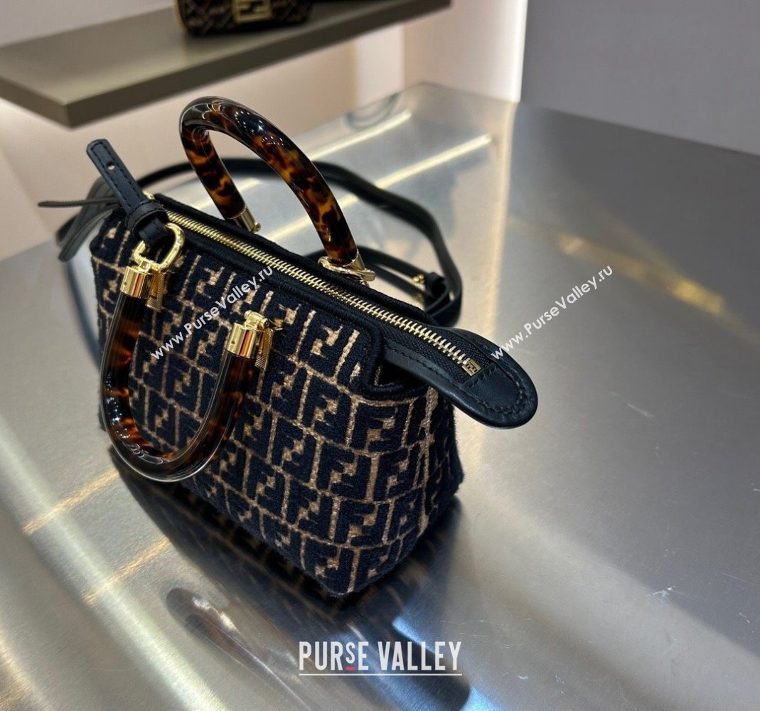 Fendi By The Way Mini Boston Bag in Raffia Straw with Black tapestry fabric FF motif 2023 (AF-231211018)