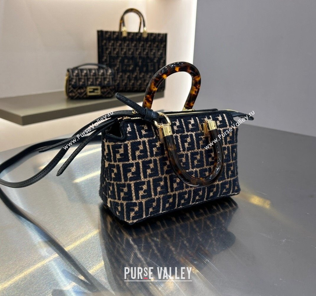 Fendi By The Way Mini Boston Bag in Raffia Straw with Black tapestry fabric FF motif 2023 (AF-231211018)