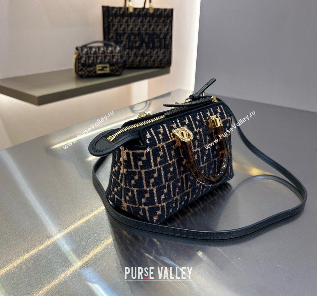 Fendi By The Way Mini Boston Bag in Raffia Straw with Black tapestry fabric FF motif 2023 (AF-231211018)