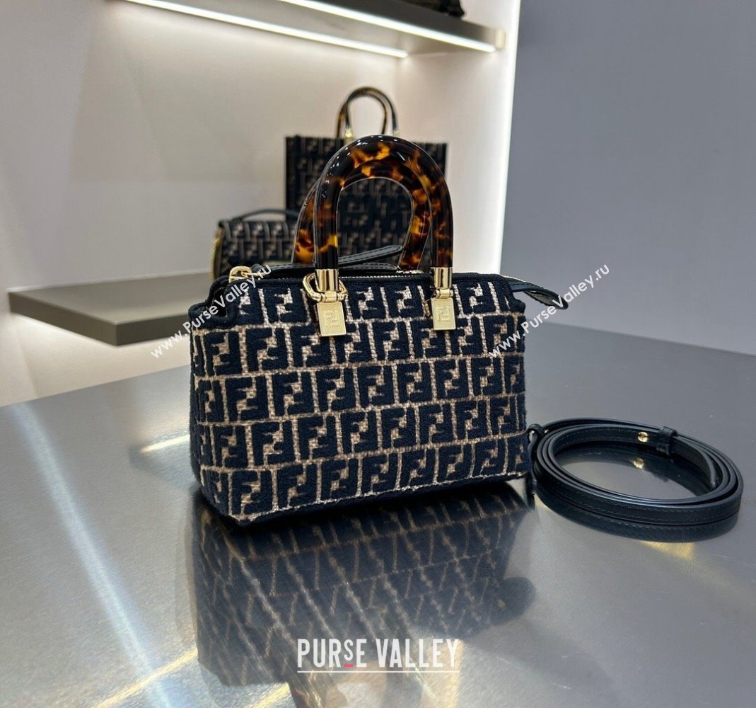 Fendi By The Way Mini Boston Bag in Raffia Straw with Black tapestry fabric FF motif 2023 (AF-231211018)