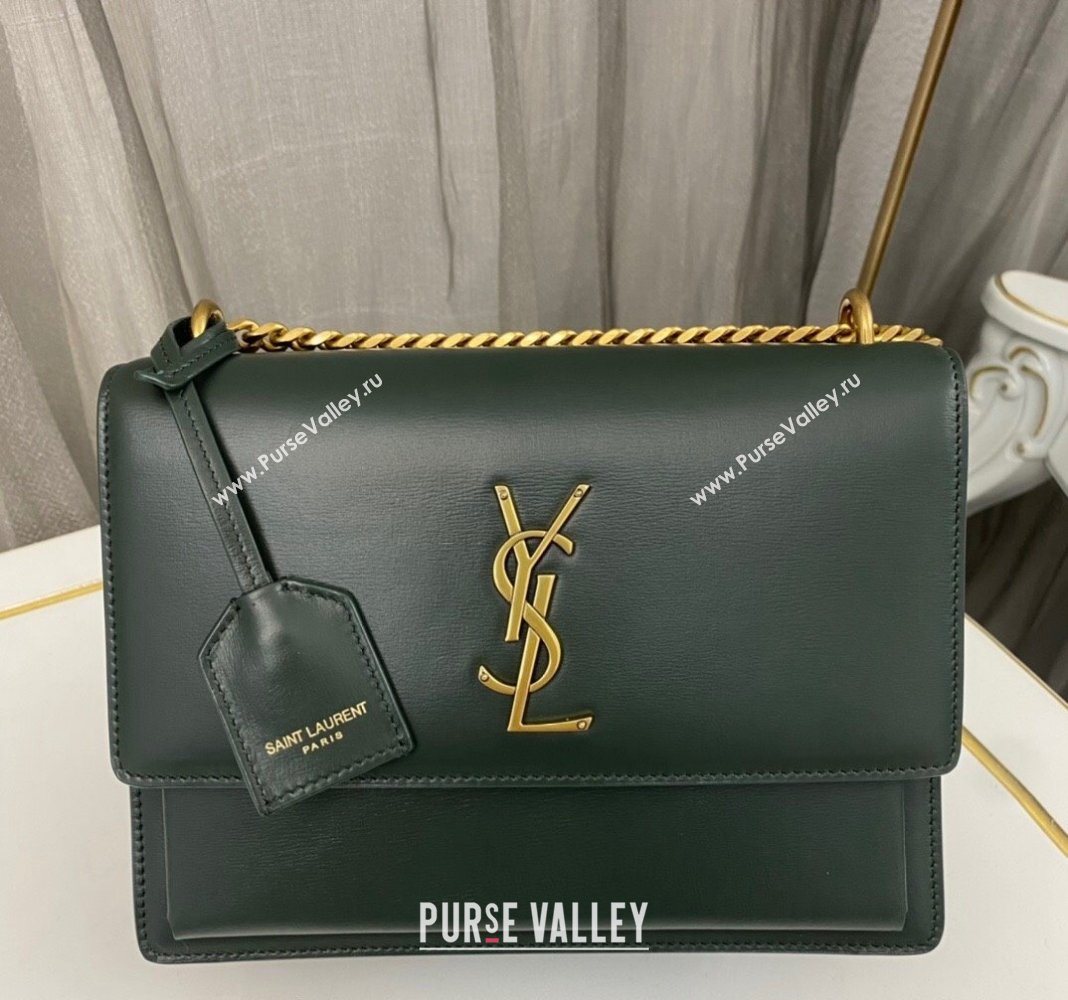 Saint Laurent Sunset Medium Bag in Box Leather 442906 Dark Green/Gold 2023 (nana-231211078)